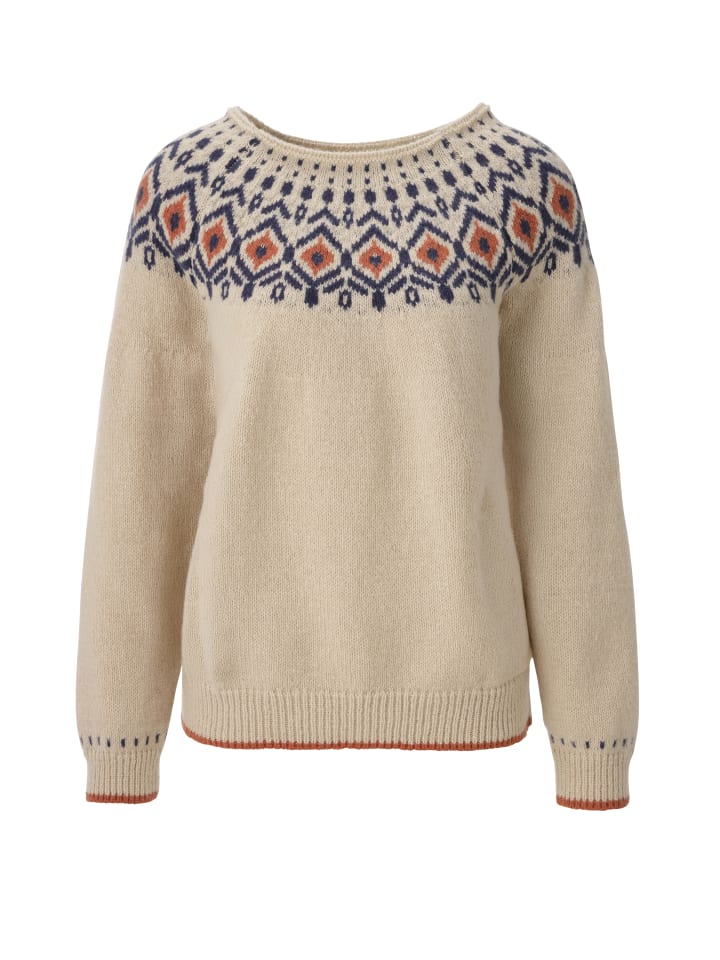 Strickpullover in natur-blau-terrakotta