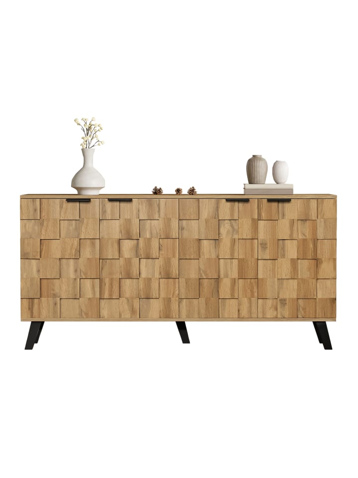 Sideboard in Schwarz mit 4 strukturierten Türen 160,5x35,5 cm und Holzoptik