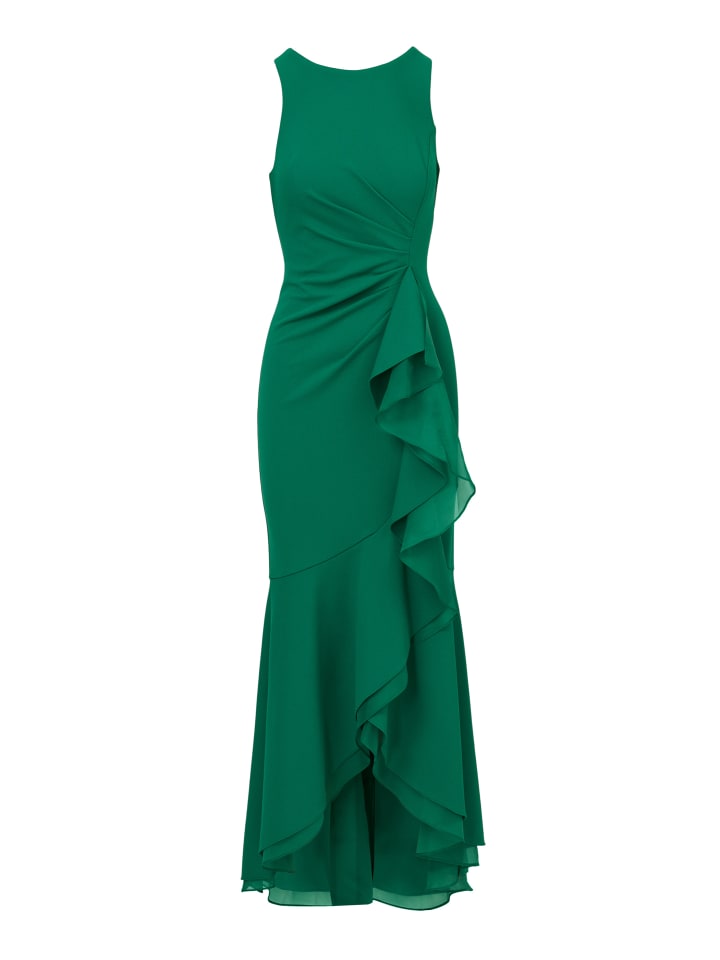 Langes Abendkleid Ruffle Crepe Halter Gown in Radiant Emerald