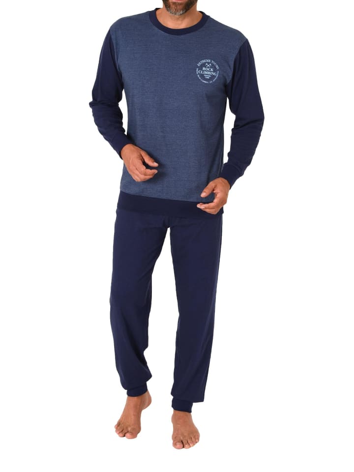 Schlafanzug langarm Bündchen - 88819 in blau-mel.
