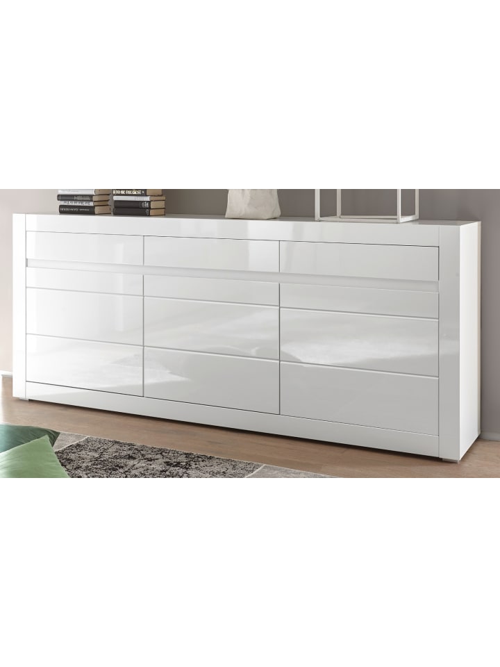 Sideboard Hochglanz weiß, mit weiß / grau, Anrichte 217 cm Soft-Close-Funktion