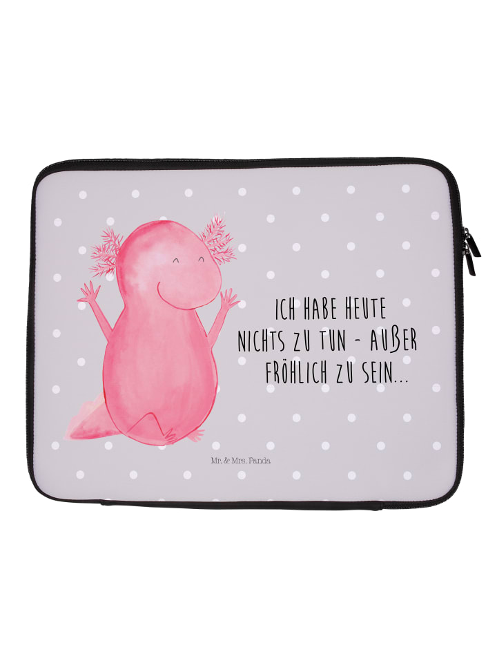 Laptoptasche Axolotl Hurra mit Spruch in Grau Pastell