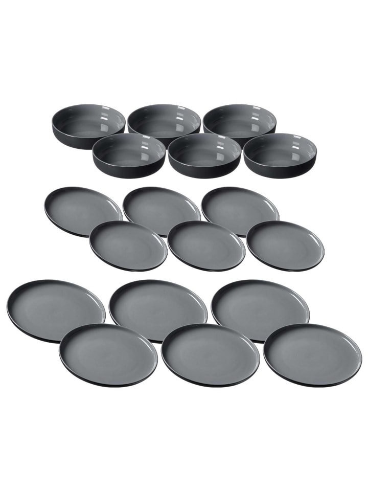18er Set Teller und Schalenset Jasper in Schwarz