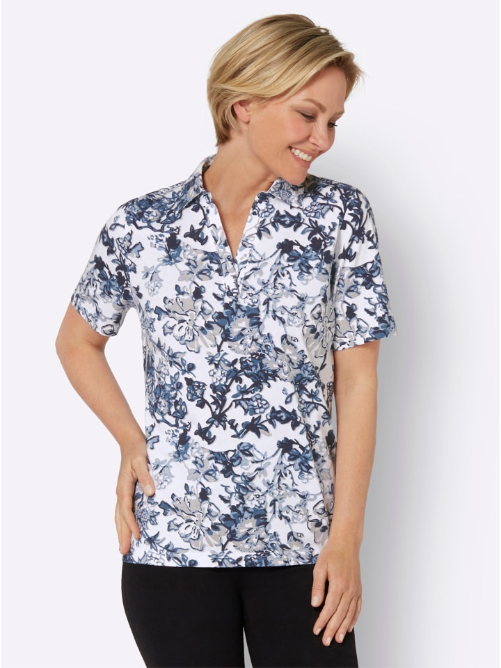 Poloshirt in weiß-marine-bedruckt