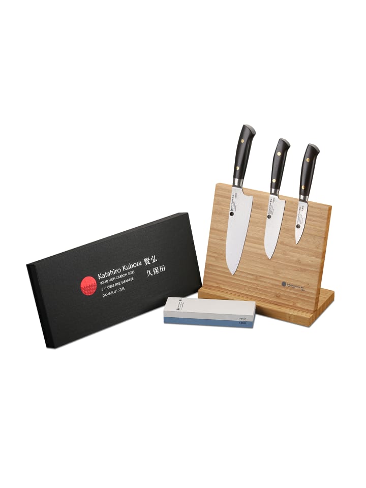 Katahiro Kubota Sense 3er Santokumesser set + Magnet-Messerhalter +Schleifstein