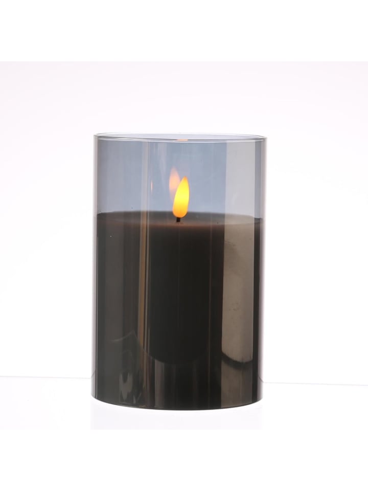 LED Kerze im Glas Windlicht flackernd D: 10cm H: 15cm in grau