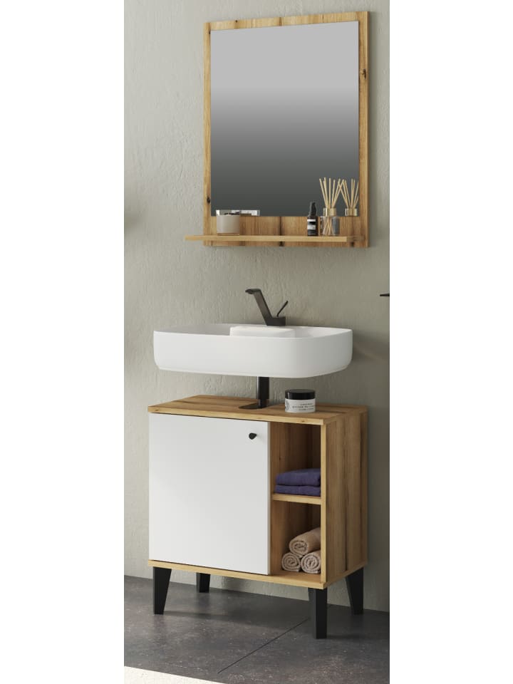 Badmöbel-Set 2-teilig weiß, Evoke Eiche, Badkombination, 60 cm