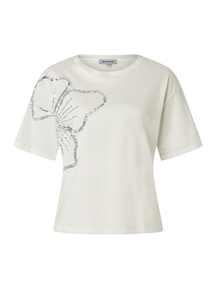 edles Kurzarmshirt, Pailletten-Blume in offwhite