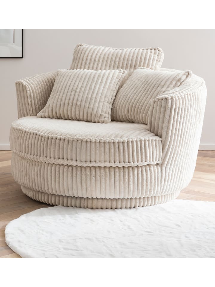 Big-Sessel Relaxsessel Cord creme wollweiß Ø 120 cm 360° drehbar inkl. 3x Kissen