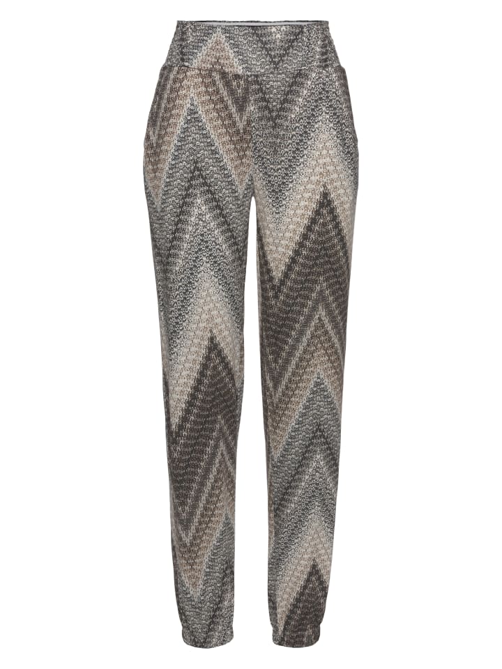 Jerseyhose in schwarz-braun-creme bedruckt