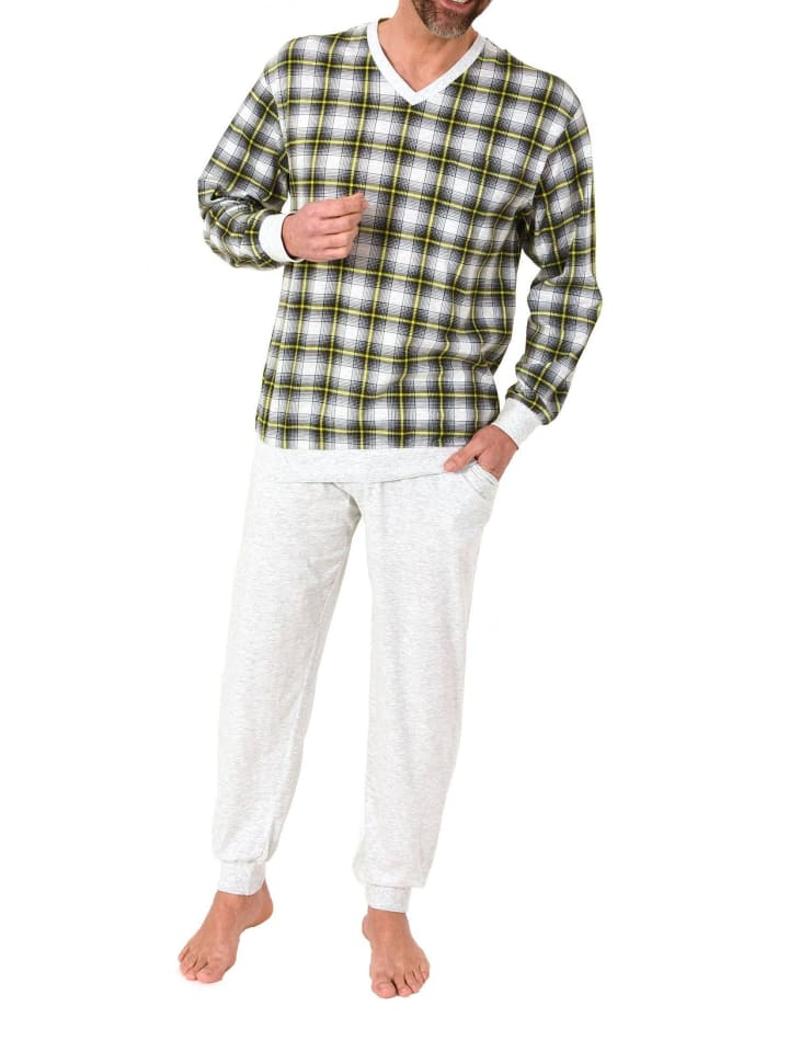 Langarm Schlafanzug Bündchen Jersey und karierten Pyjama Oberteil in grau-mel.