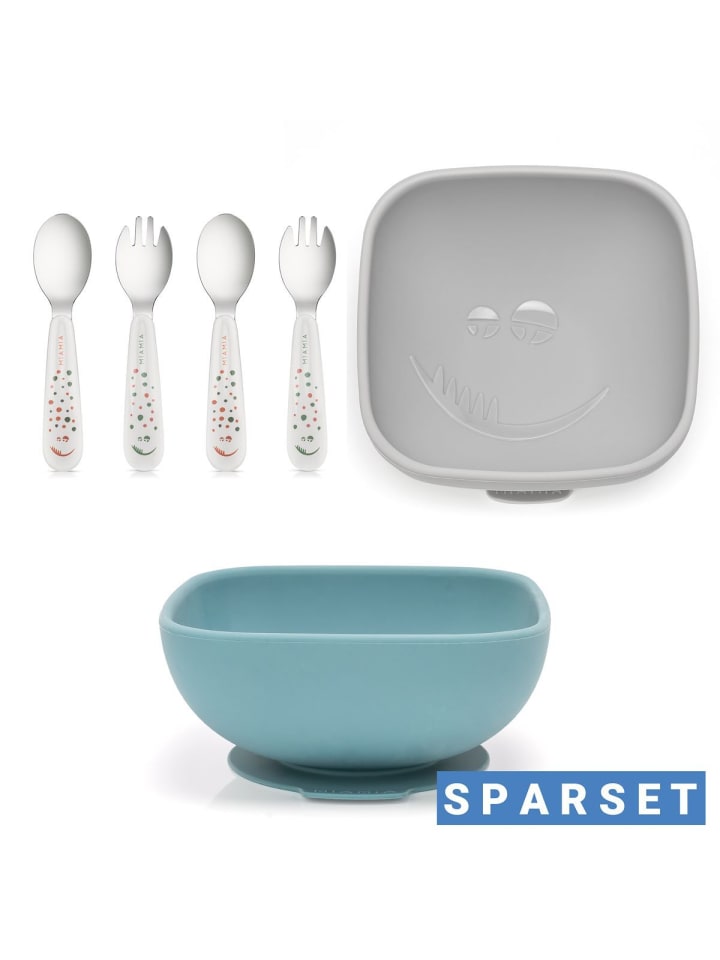 6-tlg. Esslern-Set - 2 Silikon-Schalen in blue,gray