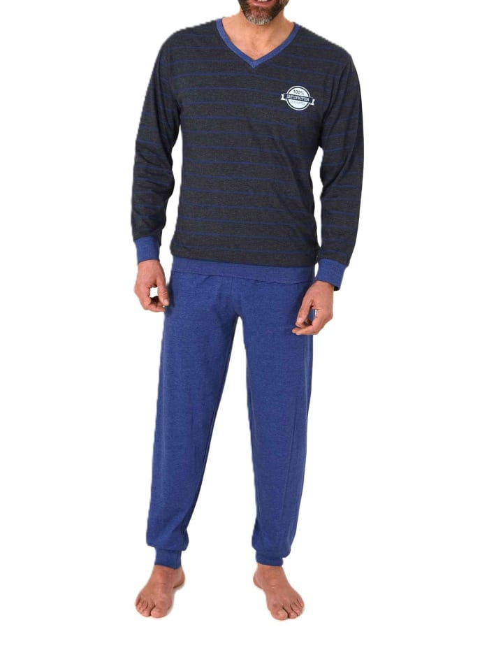 Langarm Schlafanzug Pyjama Bündchen Streifen in blau