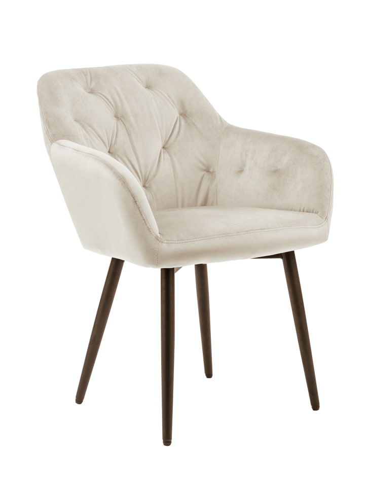 Esszimmerstuhl mit Knopfheftung aus Samt mit schwarzem Metallgestell in Creme