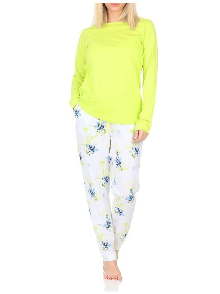Schlafanzug langarm Pyjama floraler Print Jersey - 84754 in grün
