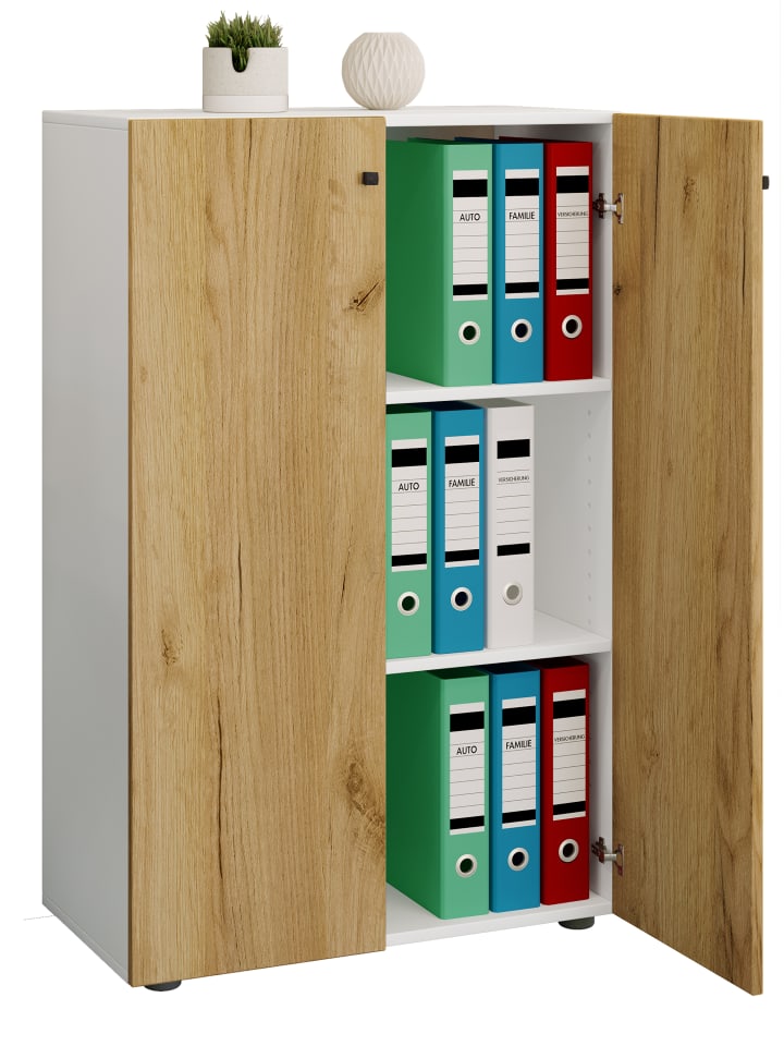 Büroschrank Bücher Ordner Aktenschrank Lona 3fach in Weiß / Honig-Eiche