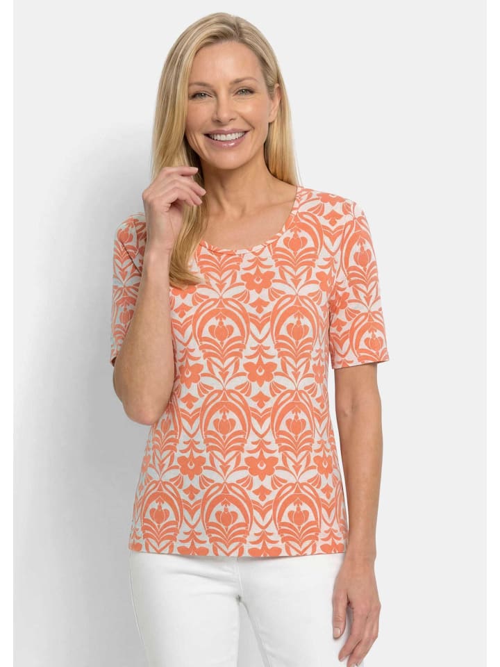 Viskoseshirt mit femininem Ornamentmuster in orange / weiß / gemustert