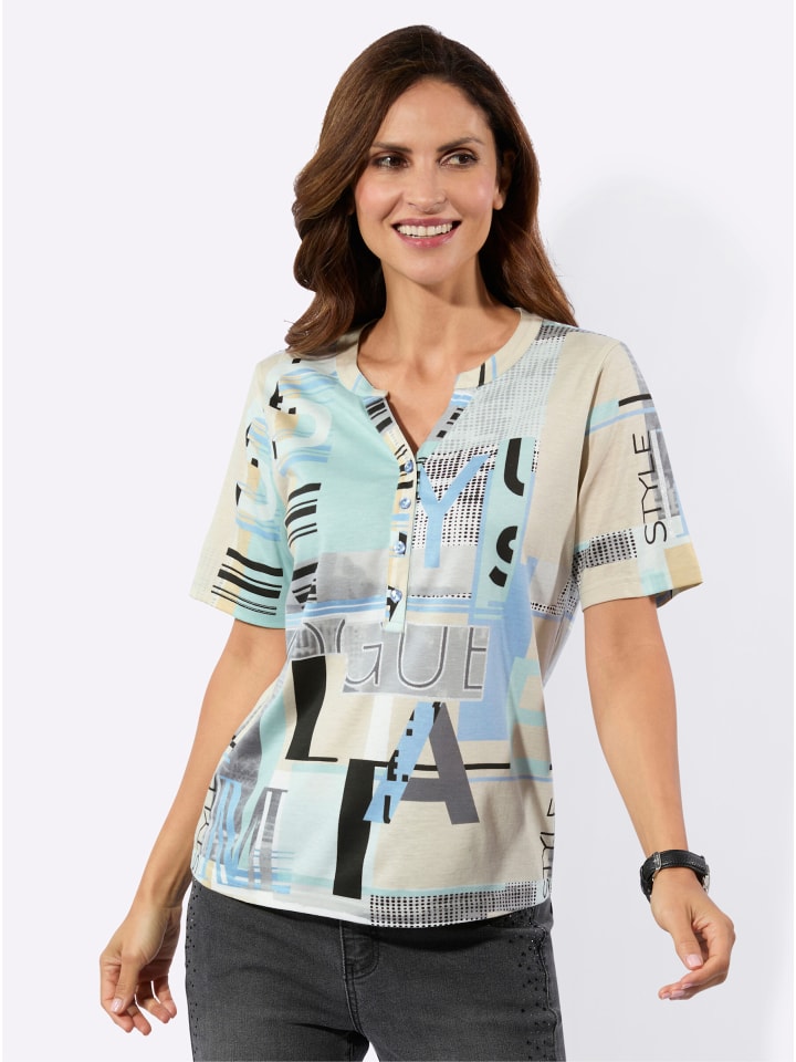 Kurzarm-Shirt in bleu-sand-bedruckt