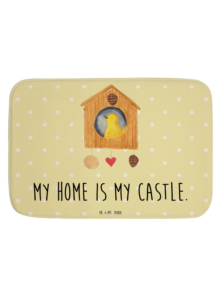 Badvorleger Vogel Haus mit Spruch in Gelb Pastell