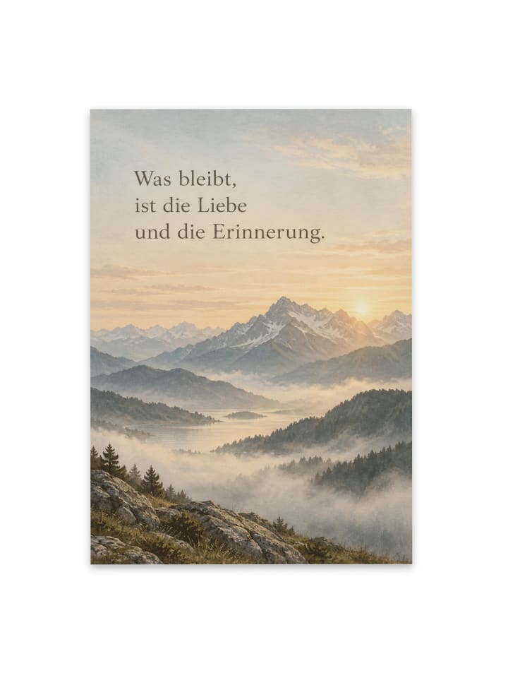 Trauerspruchkarte Berg ruhig Design mit Spruch in Weiß