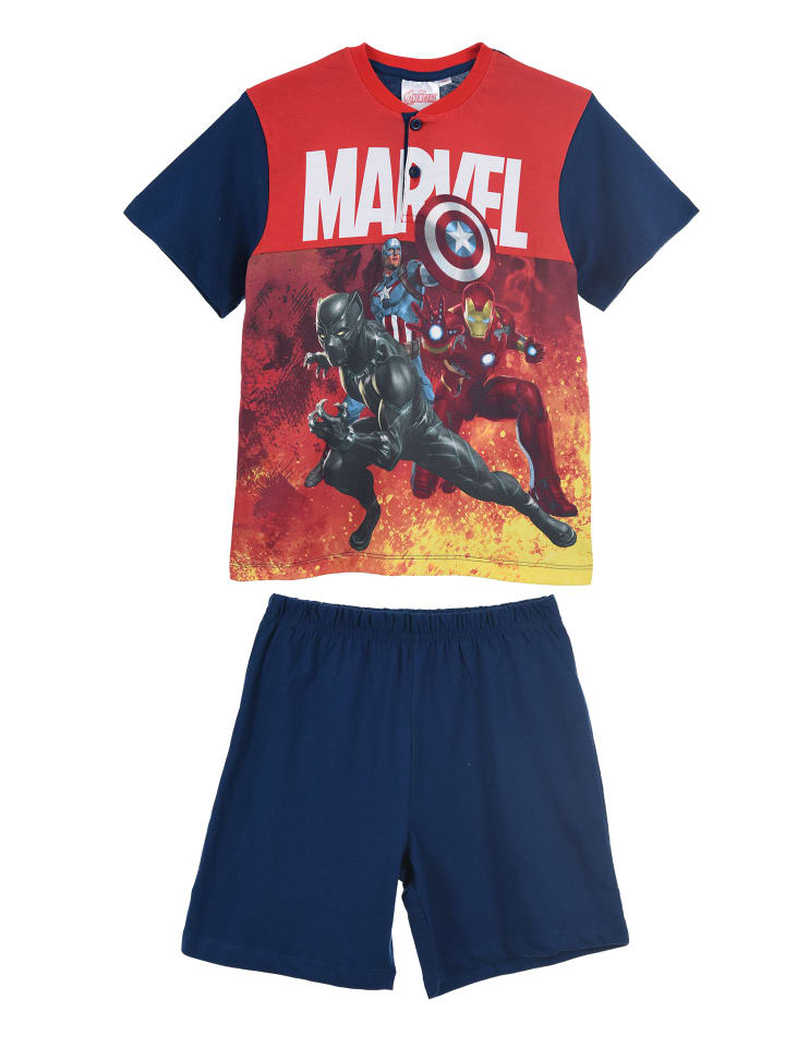 2tlg. Outfit: Schlafanzug kurz Captain America Ironman Black Panther in Blau