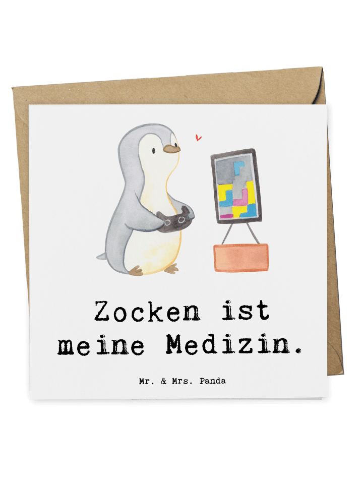 Grußkarte Pinguin Zocken mit Spruch in Weiß