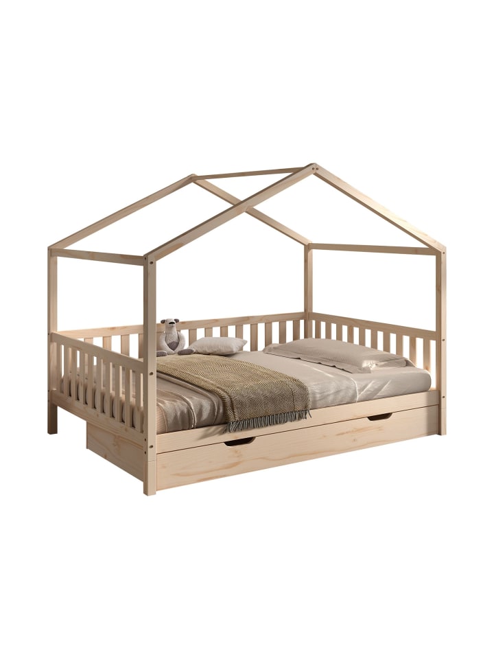 HAUSBETT Kapua 140x200 mit Bettschublade Kiefer Massivholz Natur