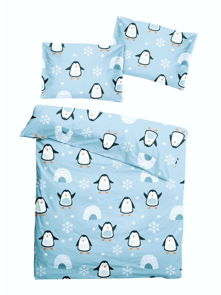 2 tlg. Feinbiber Bettwäsche 100x135cm Pinguin Iglu in Hellblau