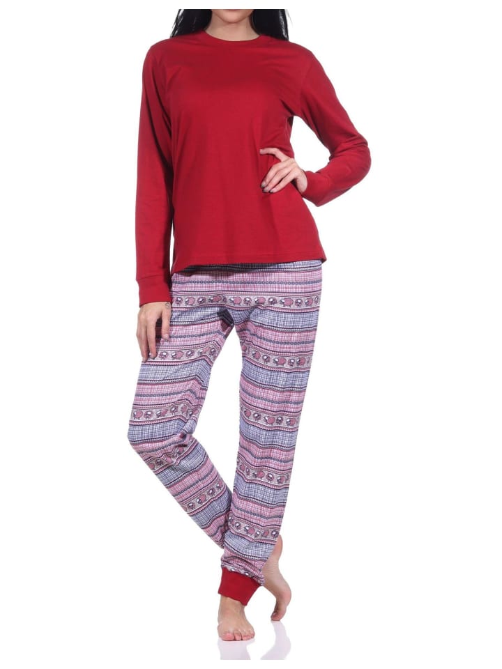 langarm Schlafanzug Bündchen Pyjama Ethnolook - 83326 in rot