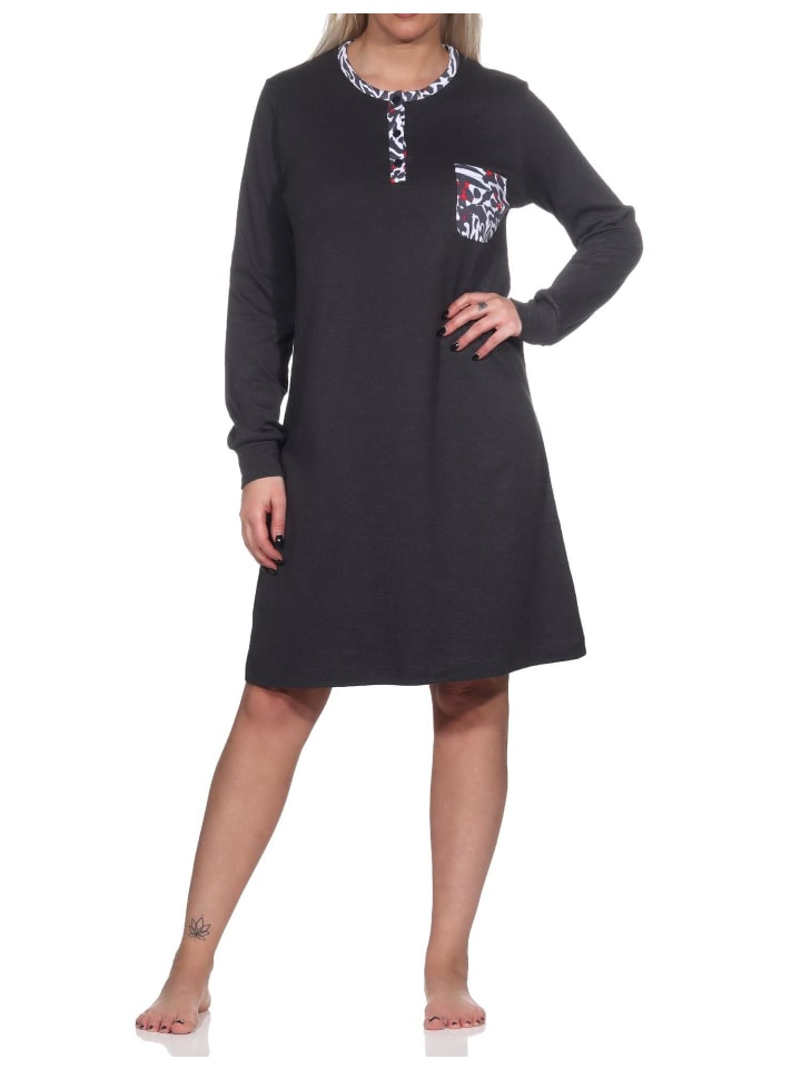Kuschel interlock langarm Nachthemd Bündchen Animalprint - 82170 in anthrazit