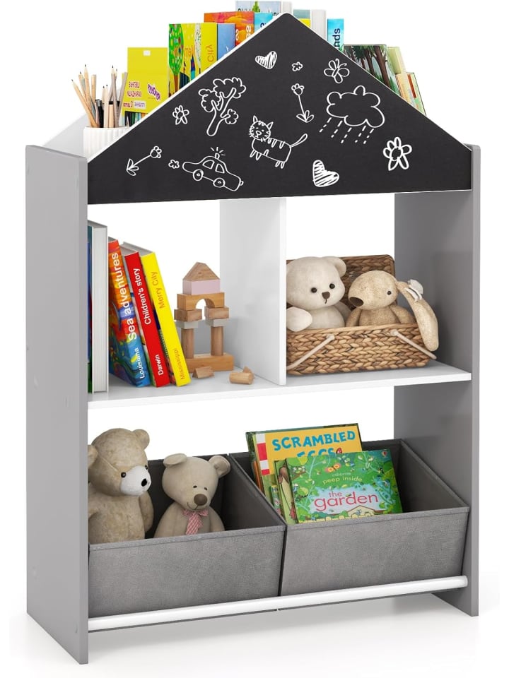 Bücherregal Kinder mit Whiteboard & Tafel 2-in-1 in Grau