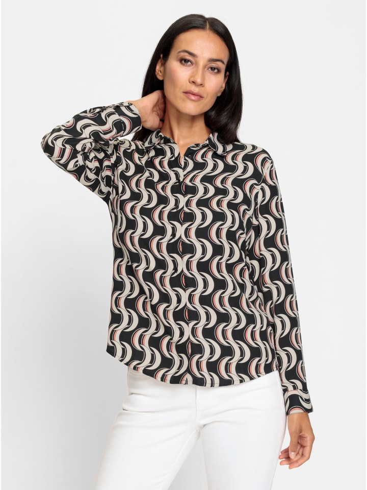 Druckbluse in schwarz-sand-bedruckt