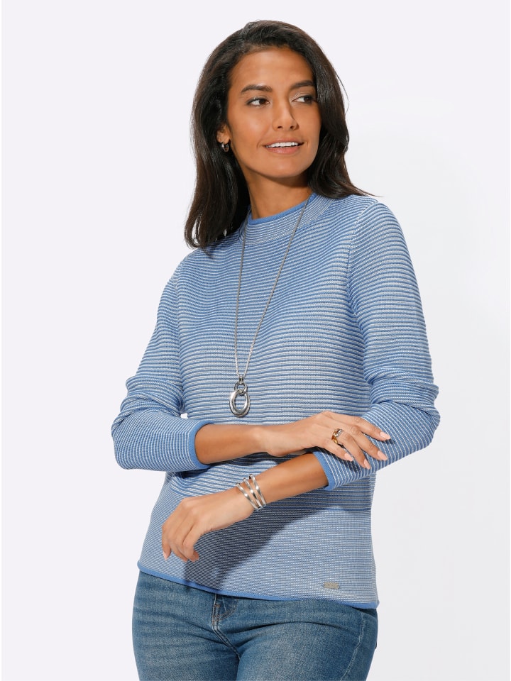 Pullover in mittelblau-ecru-geringelt