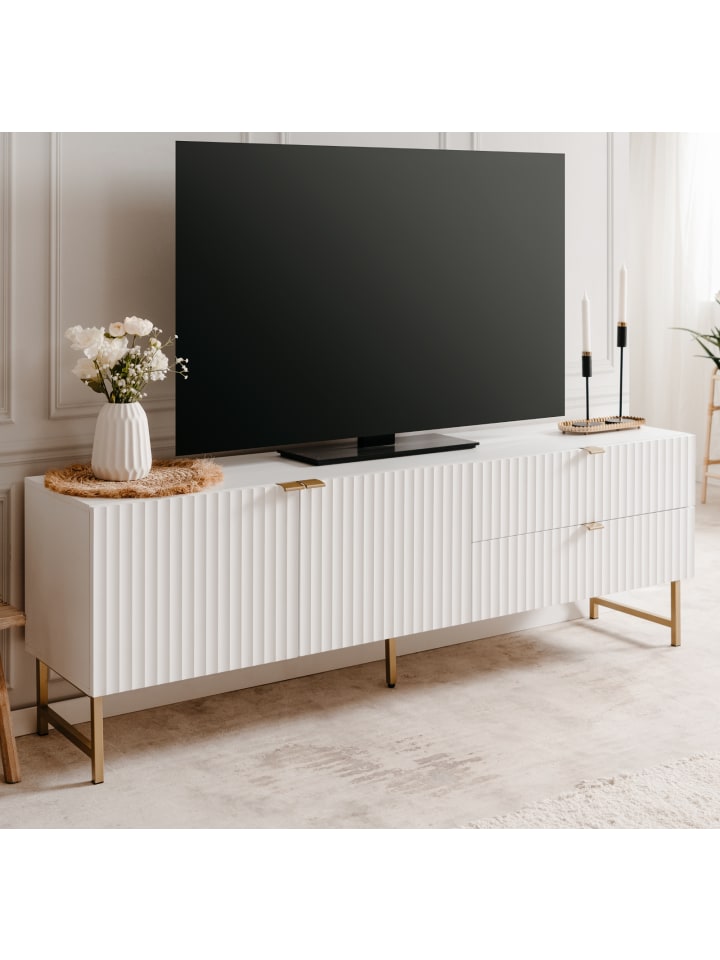 TV-Lowboard weiß, Gold 179 cm, TV Unterteil mit Soft-Close und 3D Struktur