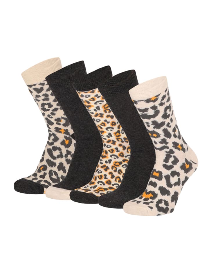 Damen Socken 5er Pack Leopardenmuster Leo Print in Beige