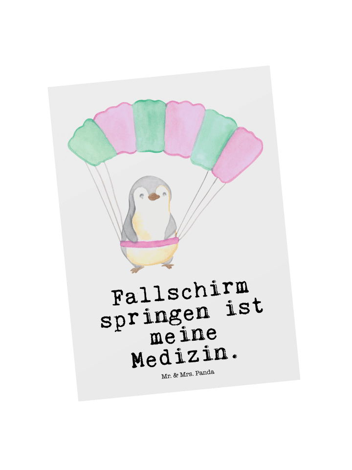 Postkarte Pinguin Fallschirm springen mit Spruch in Weiß