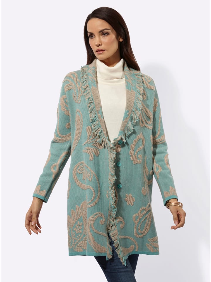 Jacquard-Strickjacke in salbei-beige-gemustert