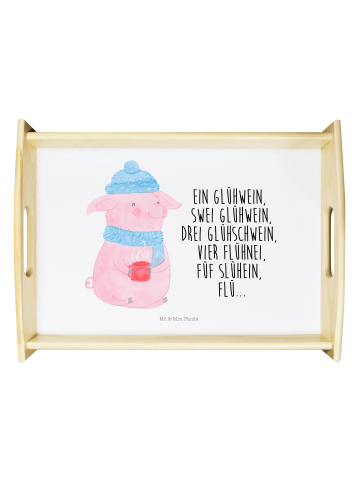 Tablett Schweinchen Glühwein mit Spruch in Weiß