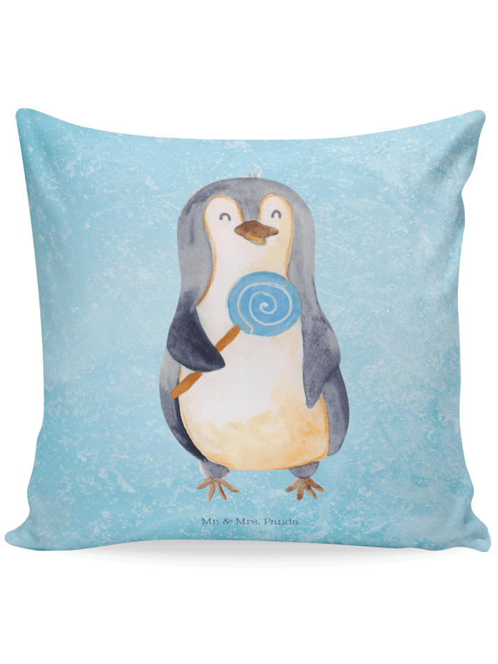 Kuschelkissen 40x40 Pinguin Lolli ohne Spruch in Eisblau