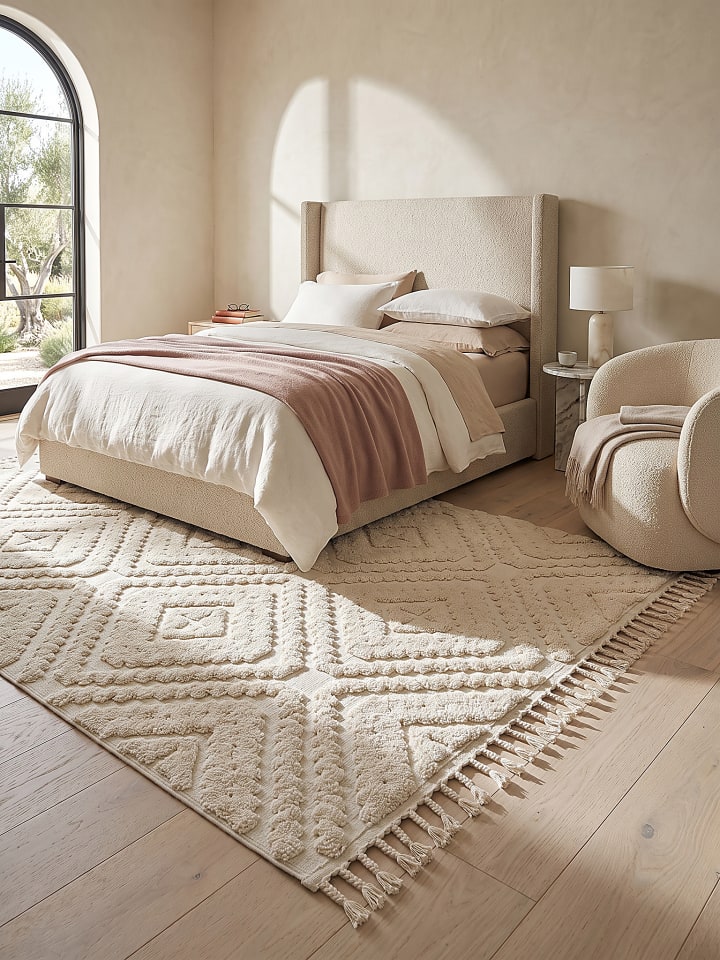 Langflor-Teppich für Fußbodenheizung TALLA boho Wohnzimmer Diele in Creme