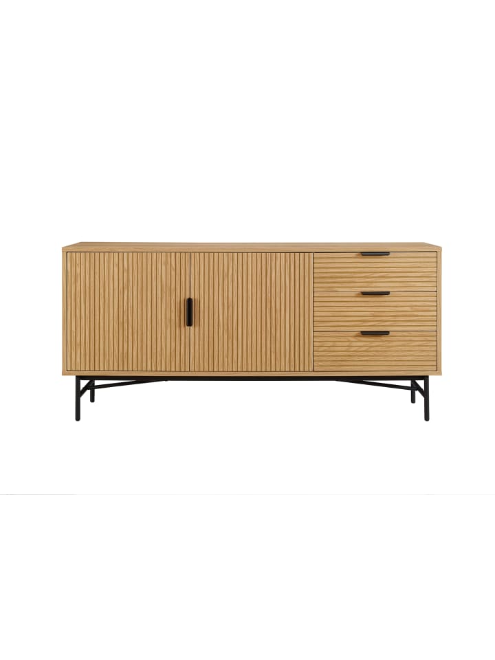 Sideboard 160 cm mit Stauraum - Eiche Echtholzfurnier & Metallgestell in Schwarz