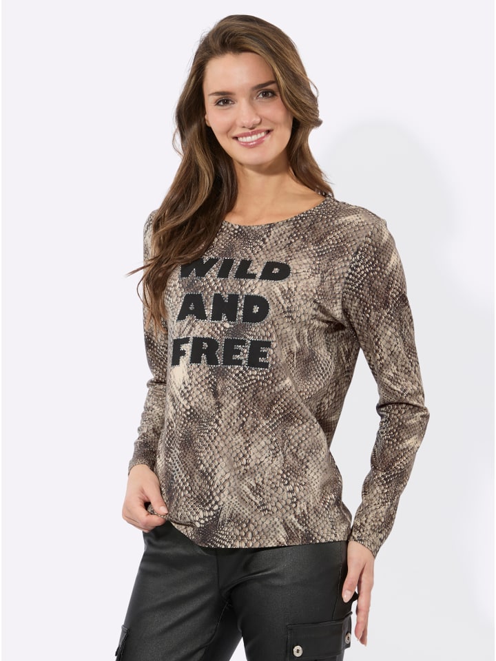 Langarm-Shirt in dunkeltaupe-braun-bedruckt