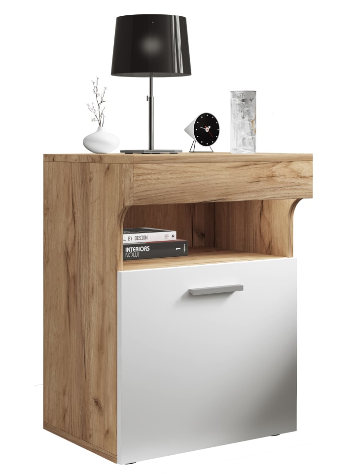 Holz Nachttisch Nachtschrank Schublade Slepal M in Honig-Eiche / Weiß