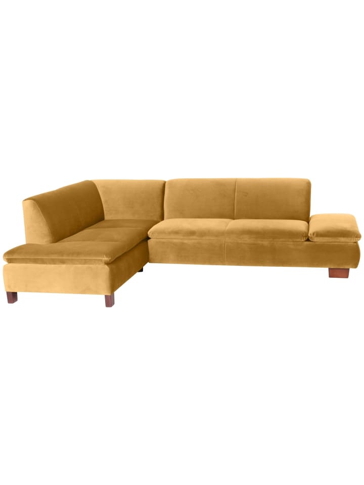 ECKSOFA mit Ottomane links Kaye Bezug Samtvelours Buche nussbaum dunkel / mais