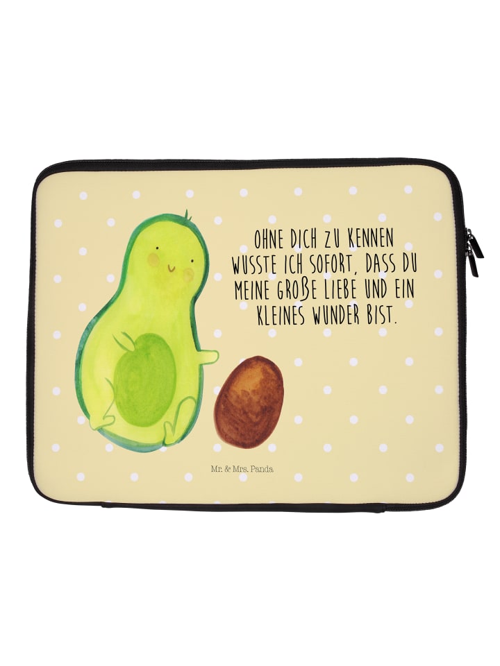 Laptop Hülle Avocado Kern rollt mit Spruch in Gelb Pastell