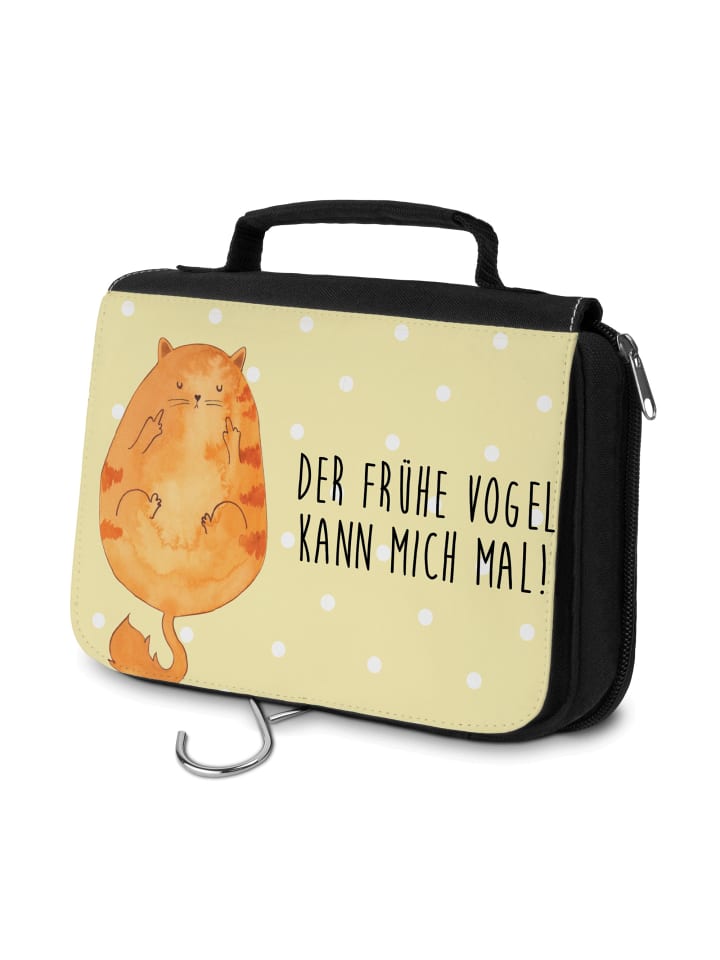 Kosmetiktasche Katze Frühaufsteher mit Spruch in Gelb Pastell