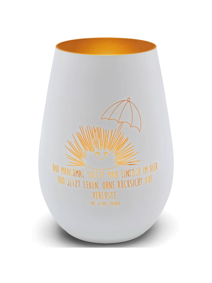 Windlicht Gold Seeigel mit Spruch in Weiß