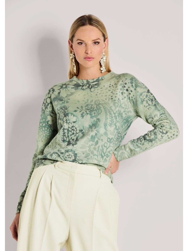 Stilvoller Printpullover mit floralem Muster in wollweiß / hellsalbeigrün
