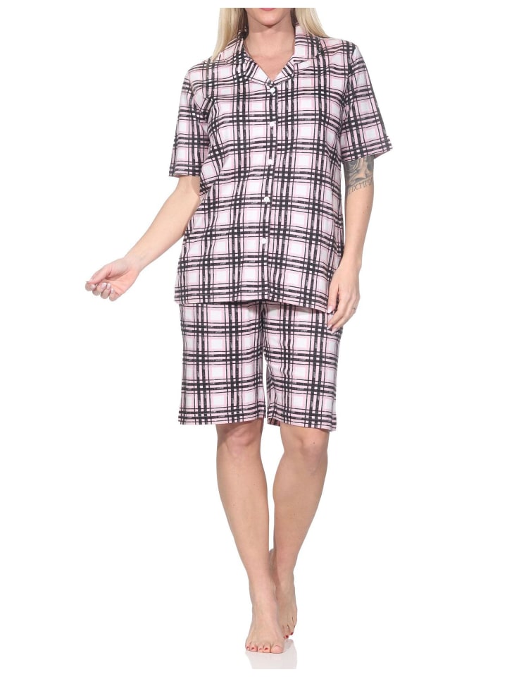 Langarm Jersey Pajama Shorty Karo Optik Übergröße in rosa