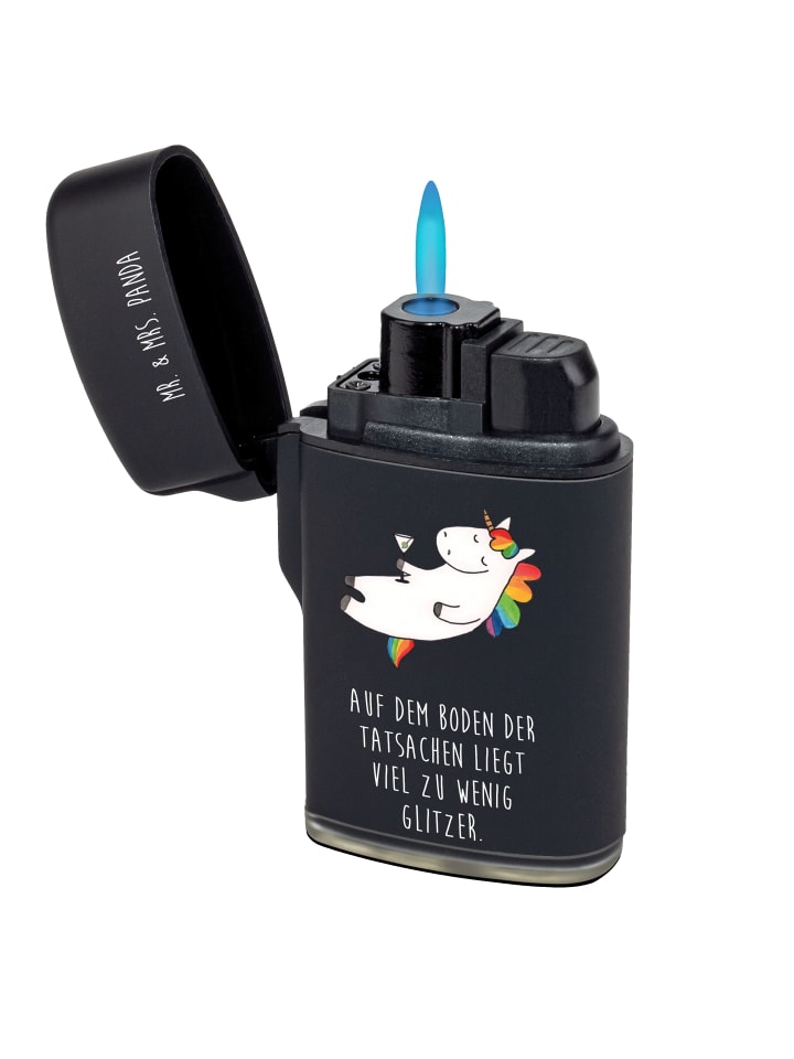 Sturmfeuerzeug Einhorn Blümchentail mit Spruch in Schwarz